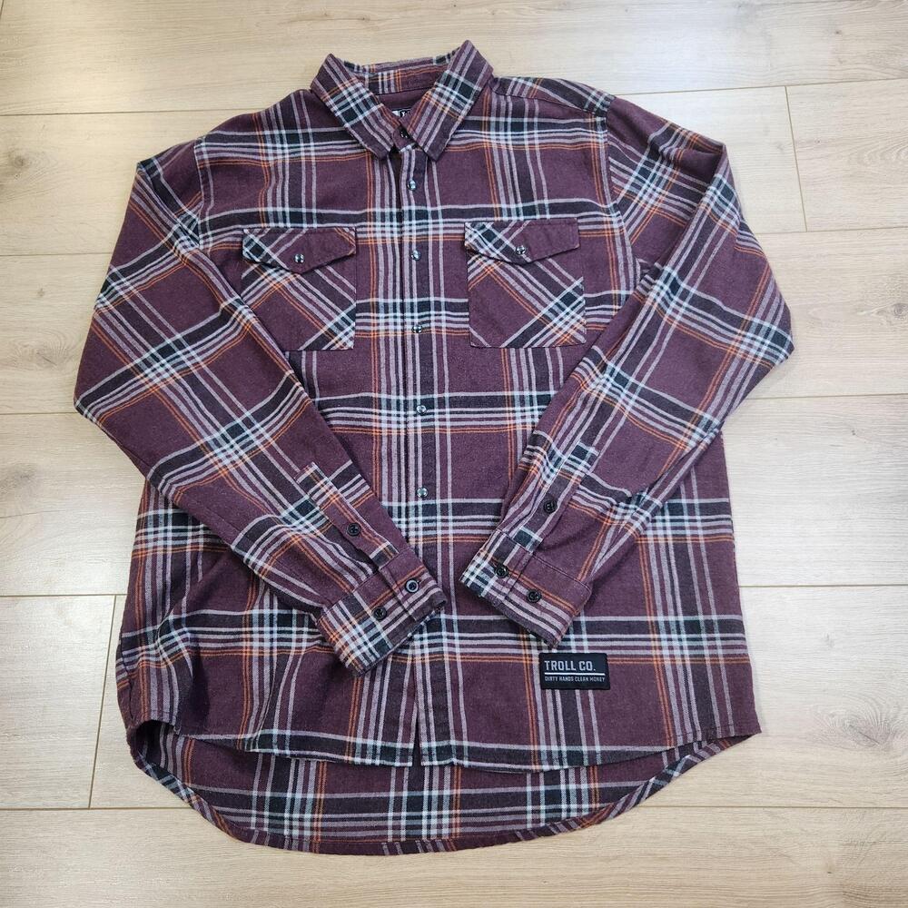 Troll Co. Shirt Mens XL Purple Plaid Flannel Button Up Long Sleeve Workwear